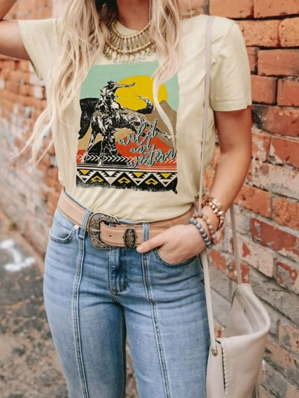 Rock and Roll Denim Cowgirl Shirt Hold Your Horse Short Sleeve Tee Size Small